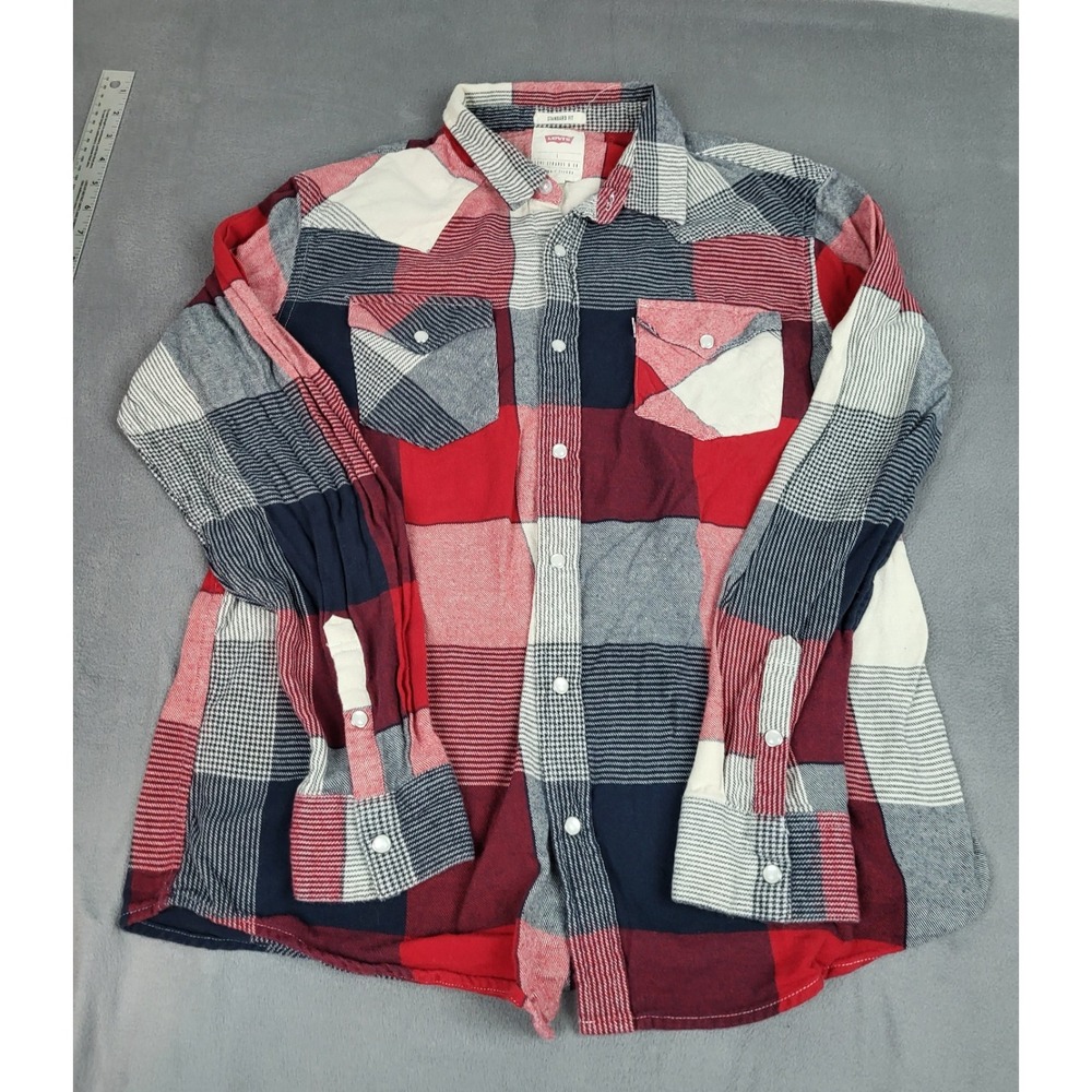 Levis Pearl‎ Snap Flannel Shirt Mens Large Red Patchwork Lightweight Rockabilly